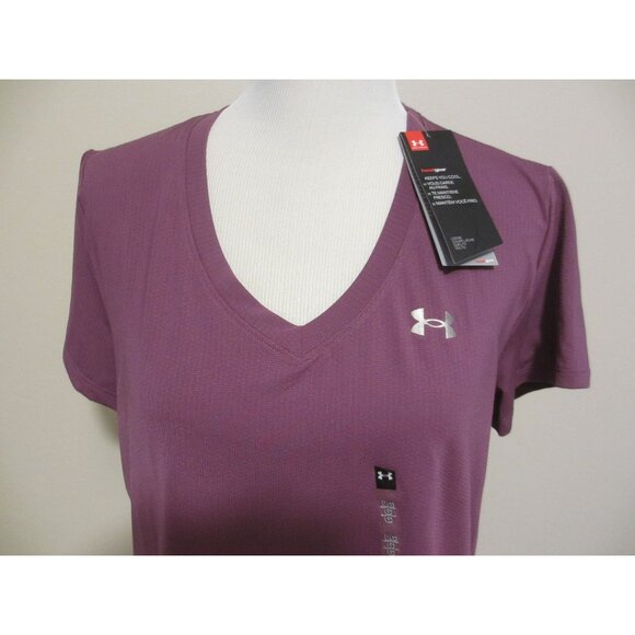 Under Armour HeatGear Loose Fit Purple V-Neck Short Sleeve Womens Shirt LG - Picture 2 of 7